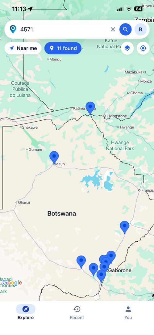 The map zoomed out to the whole of Botswana, with matching pins from Kasane in the north through Maun to Gaborone in the south-east.