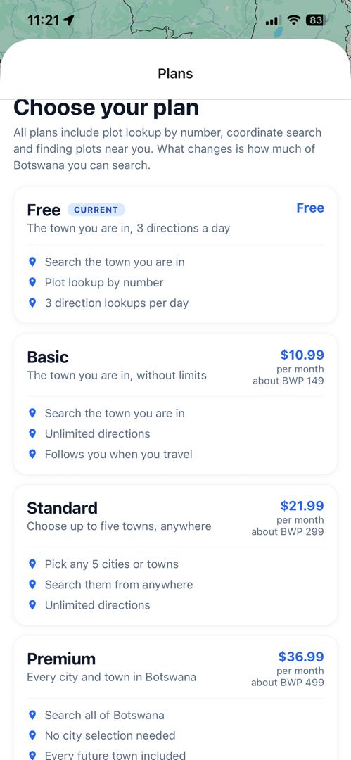The in-app plan chooser: Free marked as current, then Basic at US$10.99, Standard at US$21.99 and Premium at US$36.99 a month, each with the pula equivalent beneath it and what it lets you search.